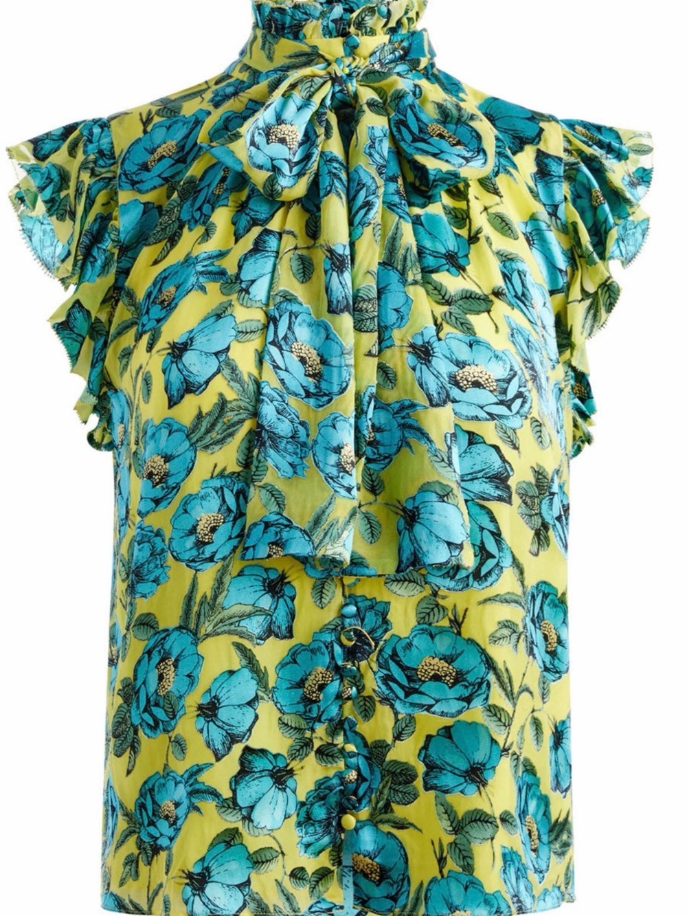 Alice + Olivia Yellow Floral Tie-Neck Ruffle Sleeve Blouse